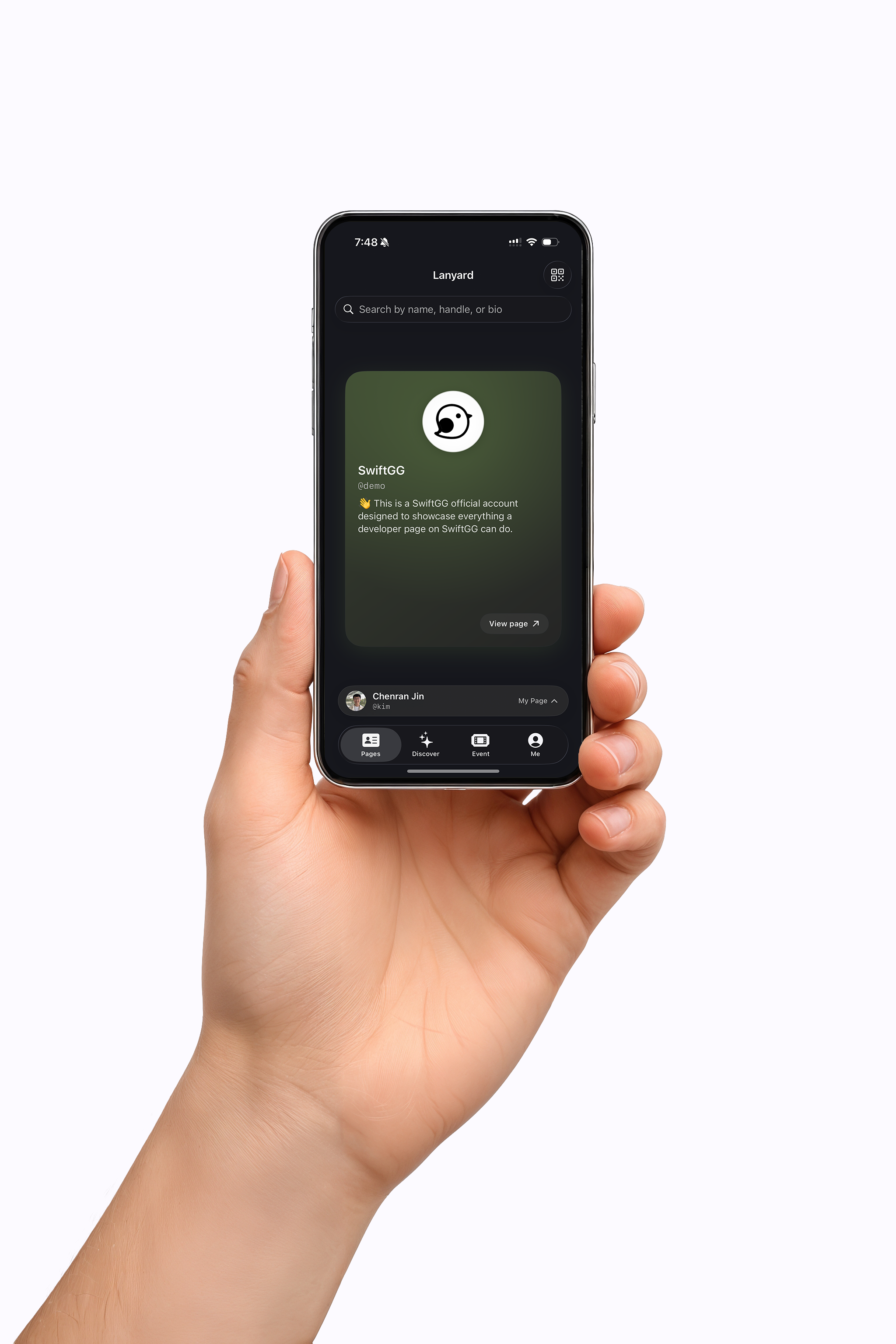 A hand holding a phone running the Lanyard app